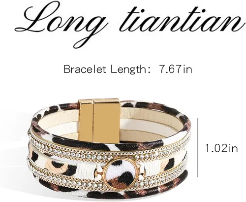 Miniatura 5 de Long tiantian Pulsera de leopardo para mujer, pulsera apilada con cierre multicapa de cuero bohemio con cristal de perla