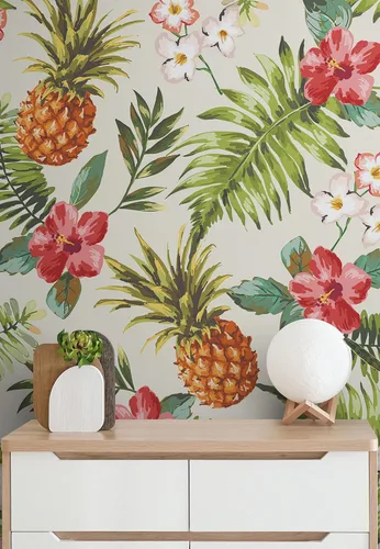 Mural de pared con ambiente tropical de piña. Papel tapiz hawaiano para despegar y pegar, decoración temática Paradise Vibe. #6447 (9 pies de alto x