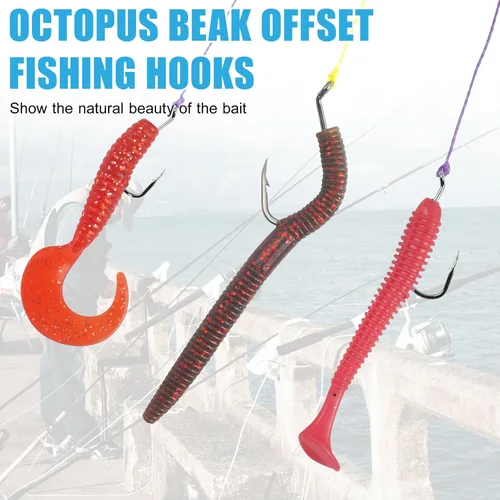 Miniatura 6 de Ganchos de pesca de pulpo, 100 piezas de ganchos circulares desplazados de acero de alto carbono, ganchos de bagre de agua dulce y salada, aparejos