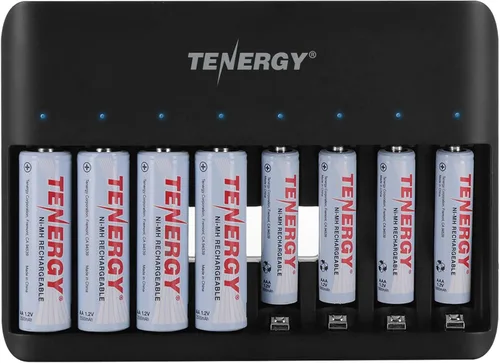 Tenergy TN477U - Cargador rápido de 8 bahías para baterías recargables NiMH/NiCD AA AAA con 4 unids 2500 mAh AA y 4 pilas recargables AAA de 1000 mAh