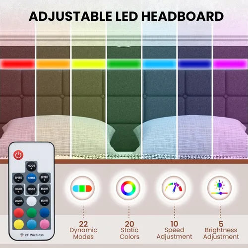 Miniatura 5 de Giantex Base de cama individual con luces LED y 4 cajones, base de cama de plataforma tapizada con puertos USB, diseño de cabecera ajustable