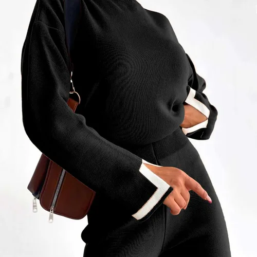 Miniatura 7 de MaLinfandor Conjunto de 2 piezas de suéter de punto para mujer, sudadera de manga larga, pantalones elásticos de pierna ancha, conjunto de ropa