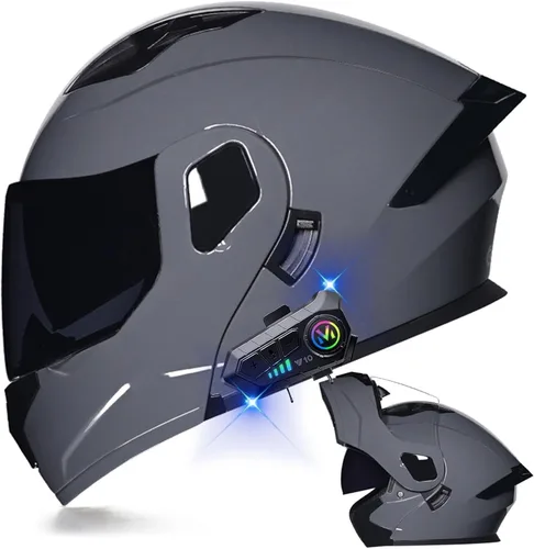 Miniatura 26 de Casco modular Bluetooth para motocicleta, aprobado por DOT, de cara completa, abatible, antivaho, doble visera, casco de motocicleta de calle, LENTE