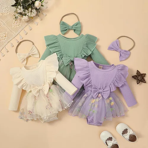 Miniatura 9 de MERSARIPHY Conjunto de mameluco de otoño para bebé niña con volantes, manga larga, a cuadros, overol con diadema