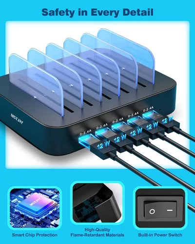 Miniatura 2 de MSTJRY Estación de carga para múltiples dispositivos: Estaciones cargadoras multi USB-A de 5 puertos, organizador multidispositivo, base de carga