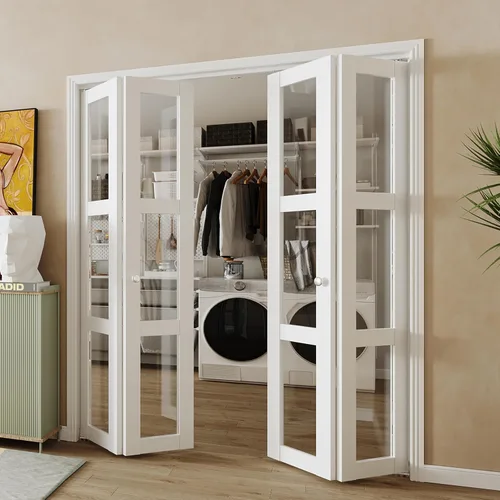 Miniatura 11 de BARNER HOME Puerta plegable, puerta de armario de cristal transparente de 3 lites, para apertura de 48 x 80 pulgadas, puertas plegables con kits