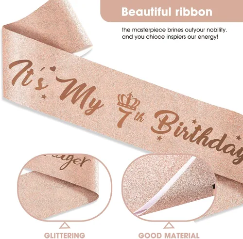 Miniatura 4 de Decoraciones de 7º cumpleaños para niñas – Tiara de corona de diamantes de imitación de oro rosa, decoración de pastel, velas de números y globos