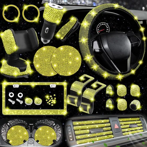 Miniatura 2 de NBTEPEM 27 piezas de juego de accesorios brillantes para auto en color aguamarina para mujeres, fundas para volante de ajuste universal de 15
