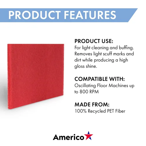 Miniatura 4 de Americo Almohadilla de suelo con búfer roja, para limpieza ligera y pulido, 14 x 28 pulgadas, 5 almohadillas/estuche, hecha de 100% contenido