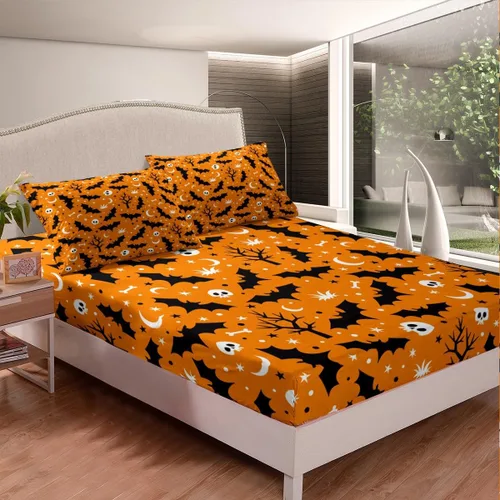 Miniatura 11 de Feelyou Juego de sábanas bajeras de Halloween tamaño individual, juego de sábanas decorativas de Halloween para niños y adultos (sin sábana encimera)