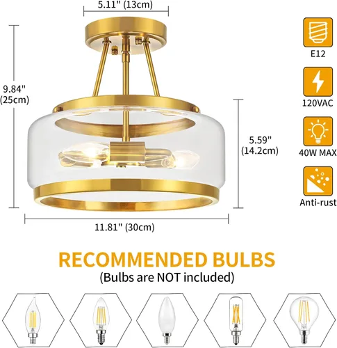 Miniatura 6 de Lámpara de techo semiempotrada dorada de 11.81 pulgadas, moderna lámpara de techo de tambor de cristal, lámpara de techo de 3 luces para pasillo