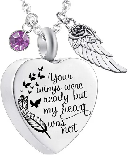 Collar de urna de cremación de corazón para cenizas, joyería de alas de ángel de 12 colores, colgante conmemorativo de recuerdo - Tus alas estaban