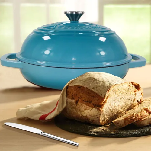 Miniatura 9 de Horno de pan de hierro fundido esmaltado, horno holandés de 6 cuartos de galón para hornear pan de masa madre, kit de sartén esmaltada de 11 Verde