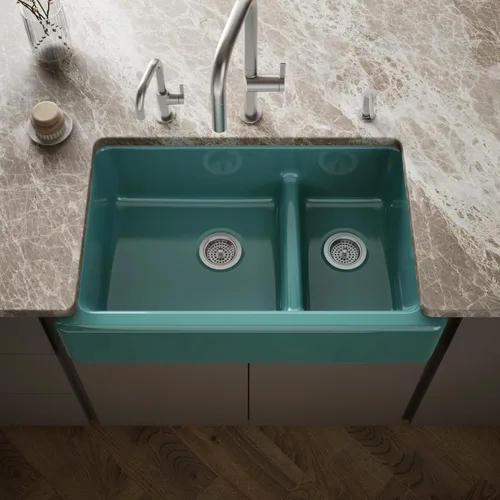 Miniatura 62 de KOHLER Whitehaven® K-6427-42 - Fregadero de cocina empotrado de 35-3/4 pulgadas, autorecortable, Smart Divide, Grande/Mediano con Delantal alto