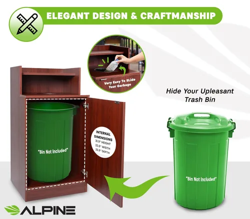 Miniatura 4 de Alpine Restaurant Trash Bin Cabinet - Commercial Trash Can Garbage Receptacle Indoor with Tray Holder for 32 Gallon Garbage Bin (Mahogany)
