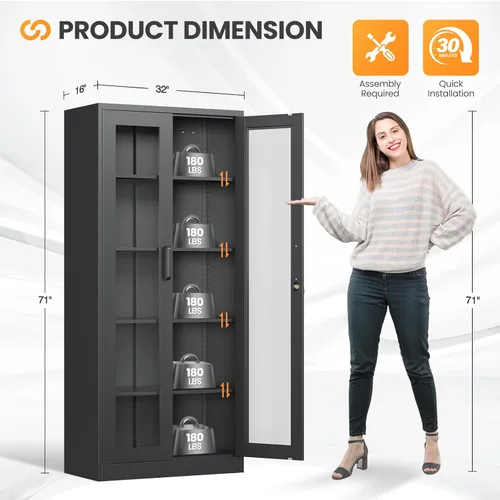 Miniatura 3 de Gabinete de exhibición con bloqueo con puerta de cristal, gabinetes Curio de metal de 71 pulgadas de alto con estantes ajustables, vitrina de licor
