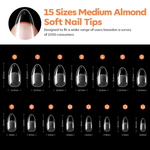 Miniatura 6 de Modelones 240 puntas de uñas de gel de almendra, uñas de gel suave de cobertura completa de grano 40 pregrabadas, medio mate, 15 tamaños, puntas
