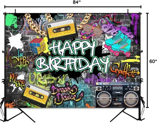 Miniatura 8 de Sensfun Graffiti - Telón de fondo de cumpleaños de los años 80 y 90, estilo urbano, retro, hip hop, fondo para fiesta de cumpleaños, cadena dorada
