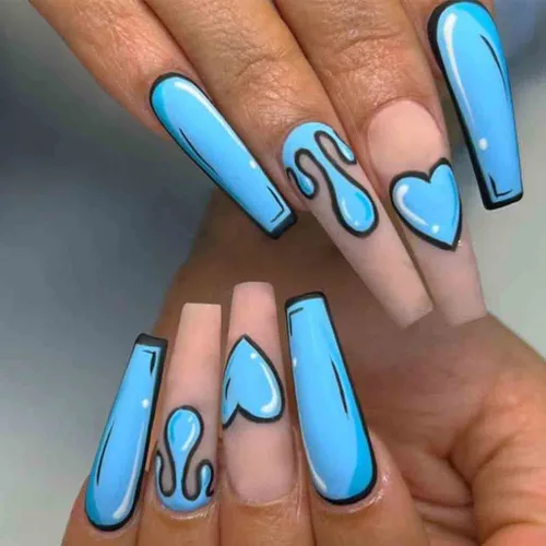 Foccna Uñas postizas a presión color azul cómic, extra largas, uñas postizas acrílicas, ataúd de dibujos animados, uñas postizas para mujeres y