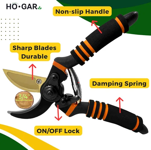 Miniatura 2 de HO.GAR Kit de tijeras de podar de titanio de alta calidad: podadoras manuales profesionales resistentes, tijeras de jardinería, tijeras ergonómicas.