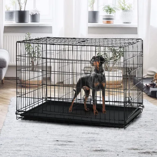 Miniatura 6 de Dopinmin Jaula grande para perros de 42 pulgadas, jaula de doble puerta para mascotas, jaula plegable de alambre de metal con panel divisor, bandeja