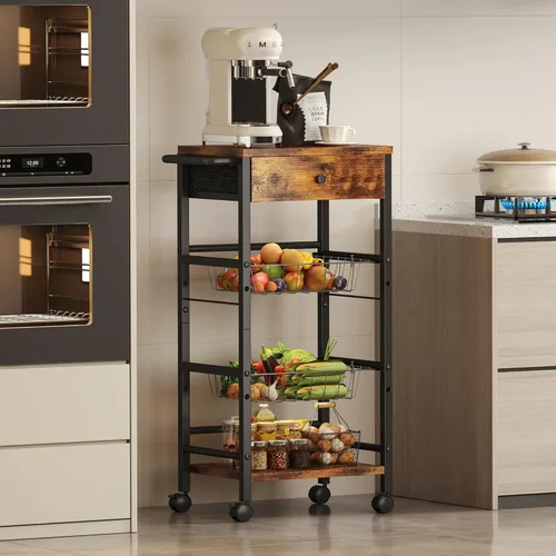 Miniatura 2 de Organizador de cocina y carrito de almacenamiento con cajón de tela y asa práctica, carrito organizador de aperitivos con 2 cestas extraíbles y 2