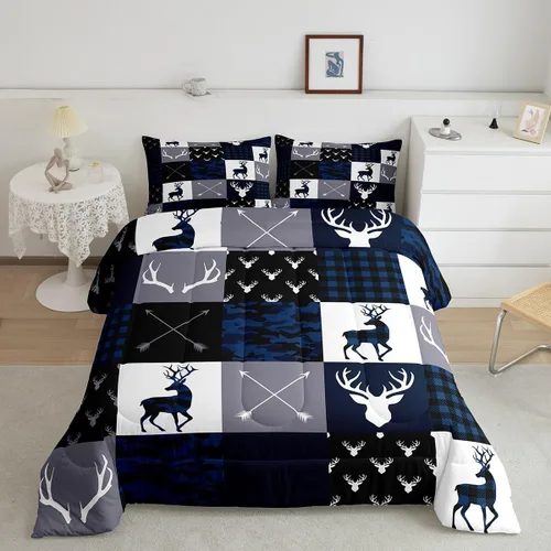 Miniatura 57 de Juego de edredón de cuernos de ciervo tamaño individual, juego de ropa de cama rústica de granja con huellas de oso y pinos para decoración