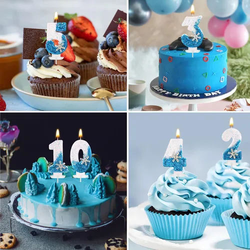 Miniatura 7 de Velas de cumpleaños del 0 al 9, velas de números con purpurina de copo de nieve, decoración de pasteles blancos y azules para niños y adultos