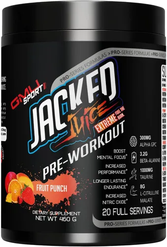 GMU SPORT Jacked Juice Pre Entrenamiento | Bombas de energía explosiva, enfoque y músculo | 0.28 oz de malato de citrulina, 0.11 onzas de creatina,
