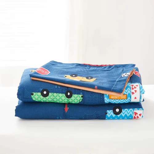 Miniatura 7 de Juego de ropa de cama para niños pequeños, color azul marino con autos coloridos, incluye 1 edredón para niños, sábana encimera, sábana bajera