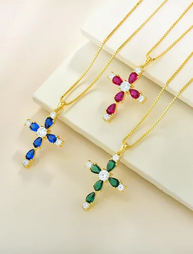 Miniatura 12 de YL Collar de cruz de plata de ley 925 con colgante de piedra natal religiosa para mujer