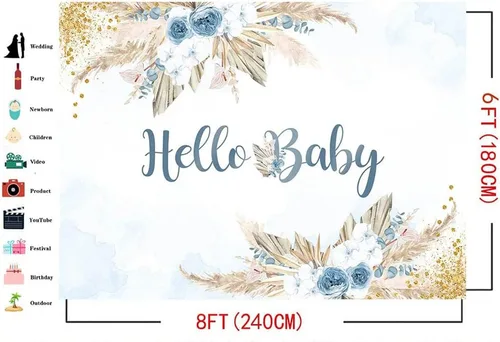 Miniatura 4 de Mocsicka Telón de fondo bohemio para baby shower para niños, tema de Hello Baby Boho Chic Flores Azules, Fondo de fotografía Bohemio Baby Shower