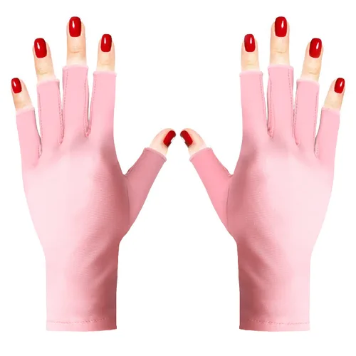 Pimoys Guantes anti UV para lámpara de uñas, guantes de manicura ligeros UPF50+, guantes de protección UV sin dedos para lámpara de uñas de gel, Rosa