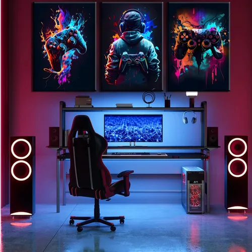 Miniatura 2 de 3 piezas de arte de pared de videojuegos geniales retro acuarela pósters cuadros coloridos neón gamepad lienzo pintura impresiones para habitación