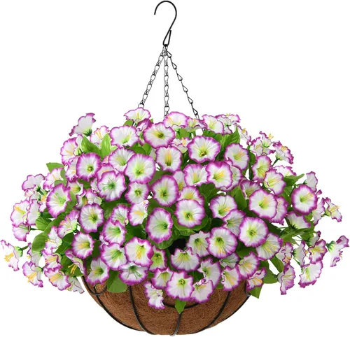 Miniatura 8 de Homsunny Plantas artificiales colgantes con cesta para exteriores, petunias falsas, de seda, para exteriores, porche, patio, balcón, jardín
