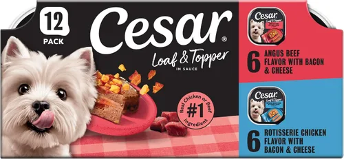 Cesar Loaf & Topper in Sauce - Comida húmeda para perros, paquete variado Festín de Tocino, sabor a pollo rostizado con tocino y queso y sabor a