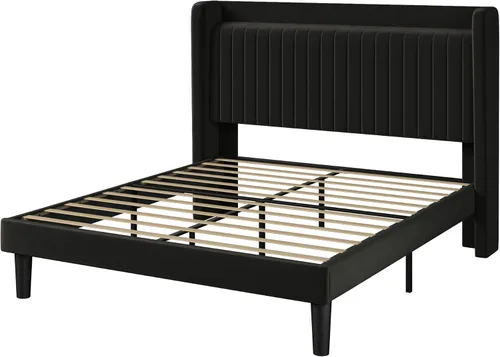 Miniatura 9 de Allewie Base de cama de plataforma de tamaño completo con estación de carga USB y estante de almacenamiento/Cabecera tapizada de terciopelo