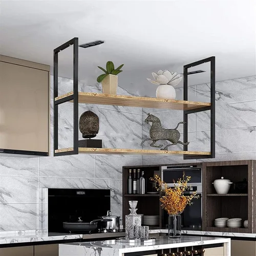 Miniatura 4 de Shelves Whftd 2 Tier Ceiling Mount Shelf, Industrial Pipe Shelf Floating Shelves, Hanging Retro Iron Metal Storage Rack, Bar Restaurant Decorative