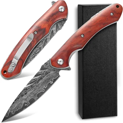 Miniatura 11 de Sitivien ST240 EDC Cuchillo plegable de acero Damasco con mango Dalbergia, bloqueo de hoja de núcleo VG10 y clip para cinturón, cuchillo de 240D