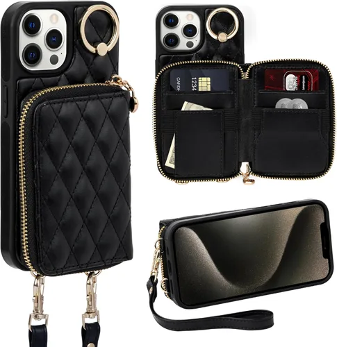Miniatura 64 de Funda tipo cartera para iPhone 15 de 6.1 pulgadas, bolso cruzado con cremallera y correa para la muñeca con cordón para mujer, tarjetero con bloqueo