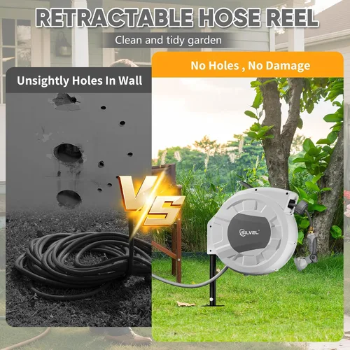 Miniatura 3 de SILVEL Carrete de manguera de jardín retráctil automático en estaca de metal, 1/2 pulgada x 90 pies montado en el suelo al aire libre, resistente a