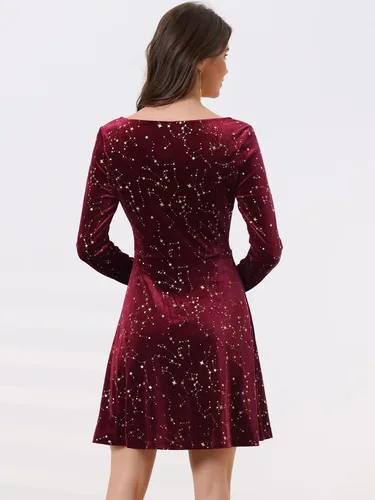 Miniatura 4 de Allegra K Minivestido de terciopelo vintage con cuello cuadrado y estrellas navideñas para mujer