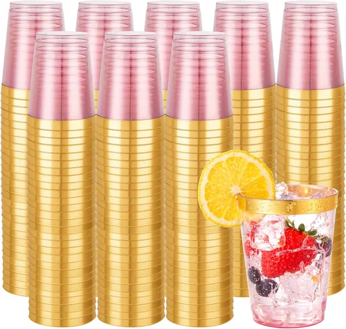Miniatura 19 de Supernal 100 piezas de vasos de plástico azules, vasos desechables transparentes azules claros de 10 onzas con borde dorado, vasos de plástico