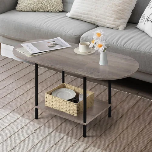 Shinoske - Mesas de centro para sala de estar, mesa de centro de 2 niveles, mesa central ovalada pequeña de estilo industrial moderno con estante de