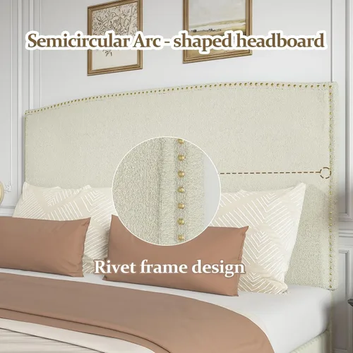 Miniatura 4 de Base de cama tamaño matrimonial con cabecero, plataforma tapizada de 56 pulgadas con ribete de cabeza de clavos, tela suave de bucle, no necesita
