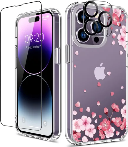 Miniatura 28 de Funda para iPhone 14 Pro con protector de pantalla, 6.1 pulgadas, transparente de cuerpo completo, a prueba de golpes, diseño floral, para niñas