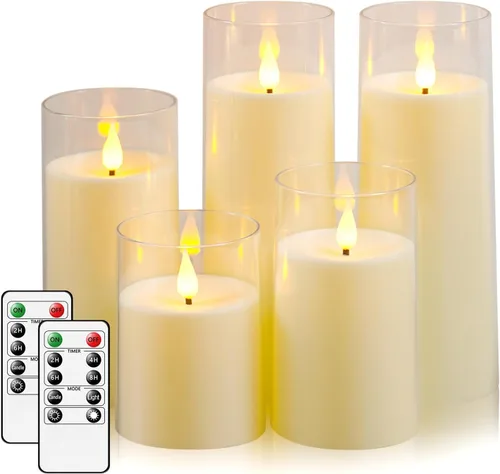 Miniatura 10 de Fo32won Velas LED ámbar sin llama que funcionan con pilas con temporizador remoto, paquete de 5 velas acrílicas parpadeantes 3D para el hogar, sala