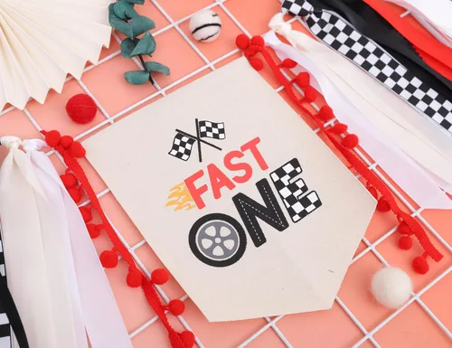 Miniatura 8 de Fast One - Cartel de cinta para silla alta – Decoración de fiesta de primer cumpleaños de carreras, cinta roja y negra, telón de fondo de fotos