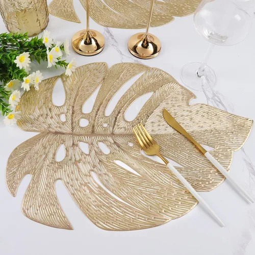 Miniatura 3 de Juego de 6 manteles individuales con hojas huecas para mesa de comedor, manteles de vinilo prensado para mesa de vacaciones, fiestas, bodas, centros
