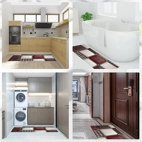 Miniatura 7 de Reddish Brown Kitchen Rugs, 3D Leather Patchwork Non Skid Washable Comfort Mats for Floor, Anti Fatigue Kitchen Cushioned Runner Rug Retro Plaid